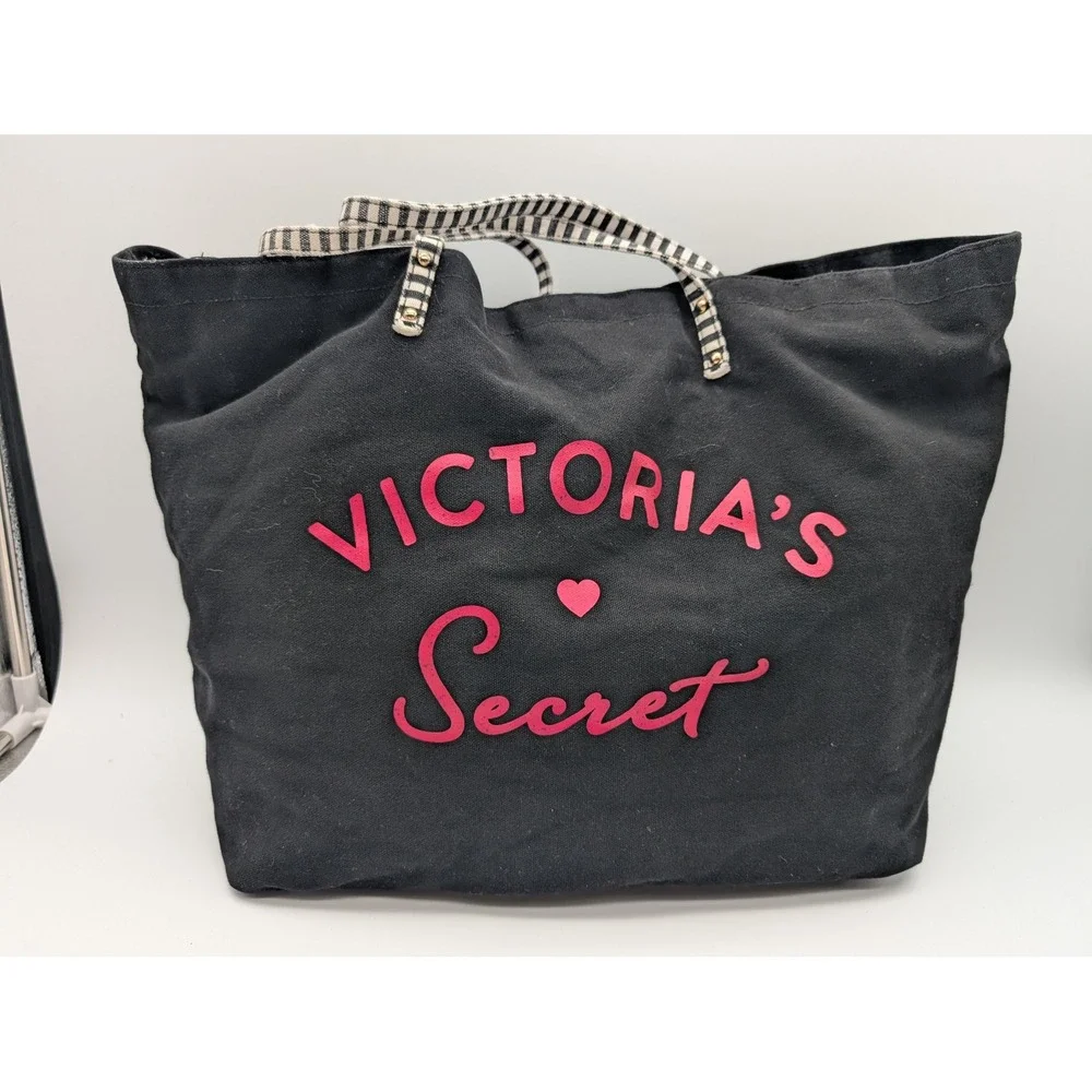 Victoria's Secret Black Canvas Tote Bag Pink Logo Striped Lining Large